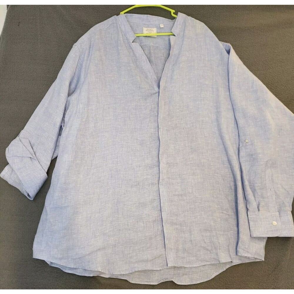 Baird McNutt Mens Linen Shirt 4XB Blue Mandarin Collar Roll‎ Tab Sleeve Murano